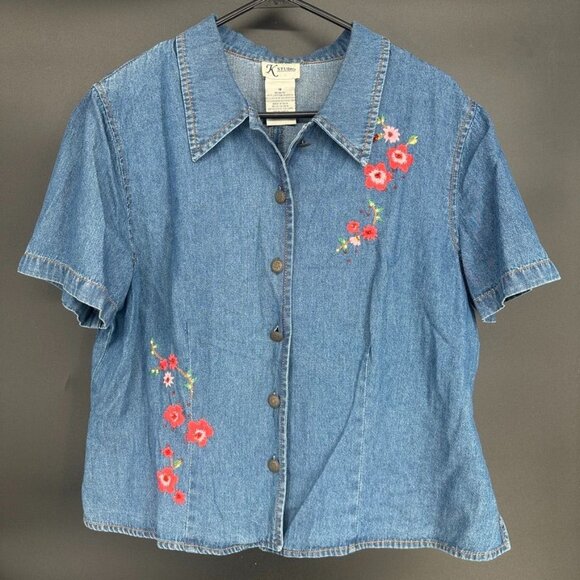 Vintage K Studio Plus Size 14 Denim Embroidered Floral Open Back Button Up Shirt - Picture 1 of 14